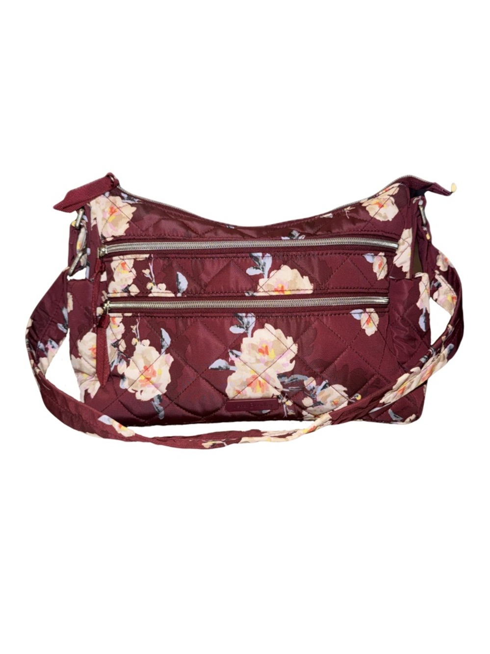 Vera Bradley Quilted Crossbody Bag Burgundy Floral Multi Zip Shoulder Purse.